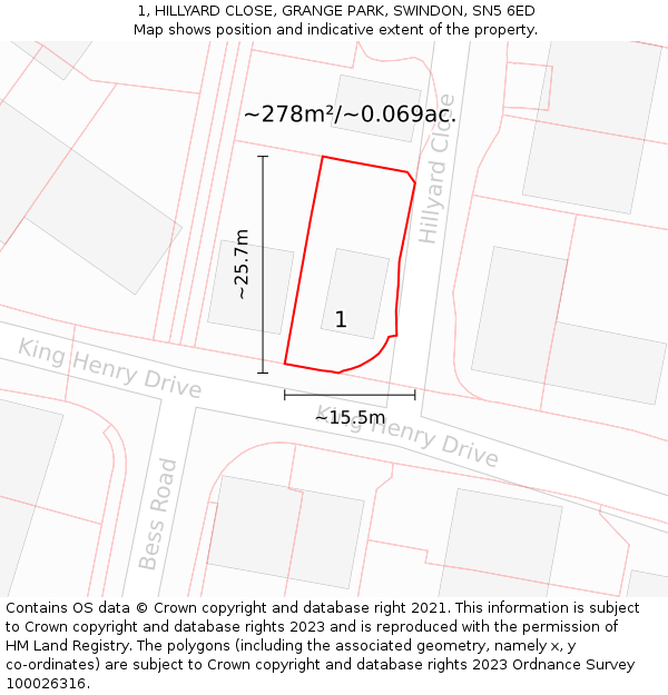 1, HILLYARD CLOSE, GRANGE PARK, SWINDON, SN5 6ED: Plot and title map