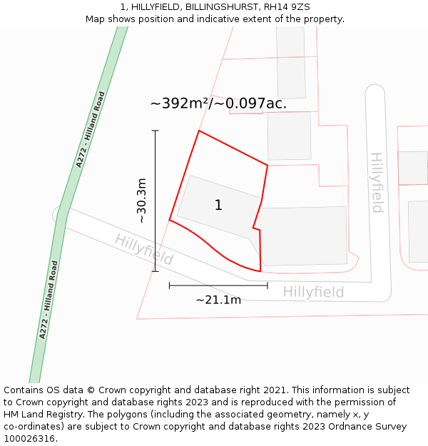 1, HILLYFIELD, BILLINGSHURST, RH14 9ZS: Plot and title map