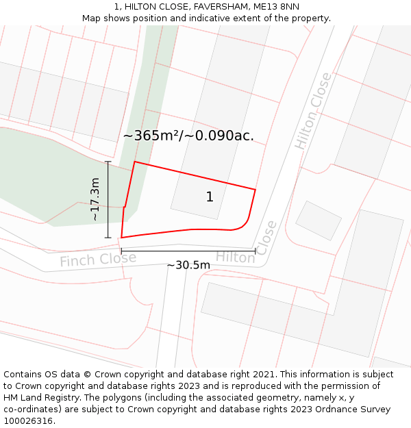 1, HILTON CLOSE, FAVERSHAM, ME13 8NN: Plot and title map