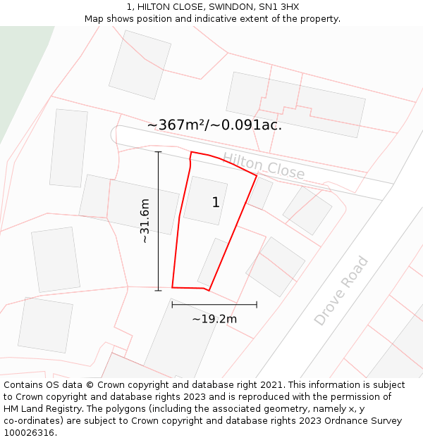 1, HILTON CLOSE, SWINDON, SN1 3HX: Plot and title map