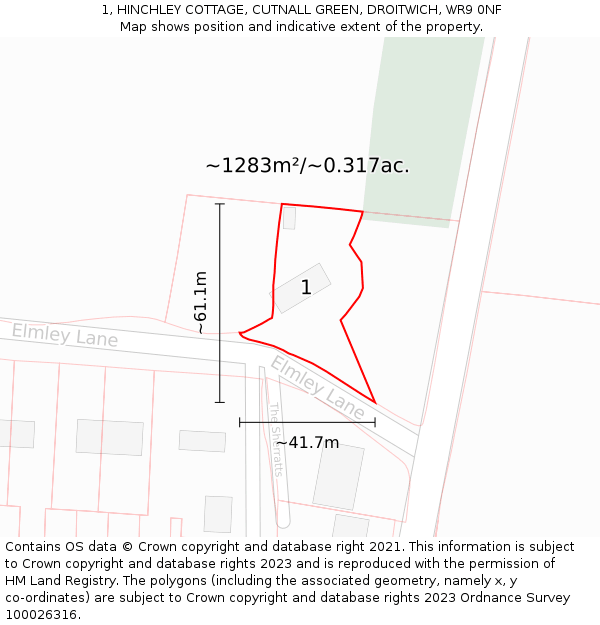 1, HINCHLEY COTTAGE, CUTNALL GREEN, DROITWICH, WR9 0NF: Plot and title map