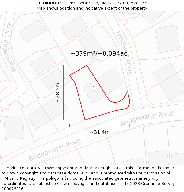 1, HINDBURN DRIVE, WORSLEY, MANCHESTER, M28 1XY: Plot and title map