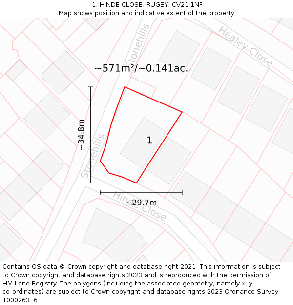1, HINDE CLOSE, RUGBY, CV21 1NF: Plot and title map