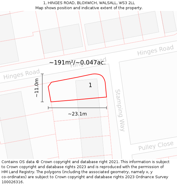 1, HINGES ROAD, BLOXWICH, WALSALL, WS3 2LL: Plot and title map