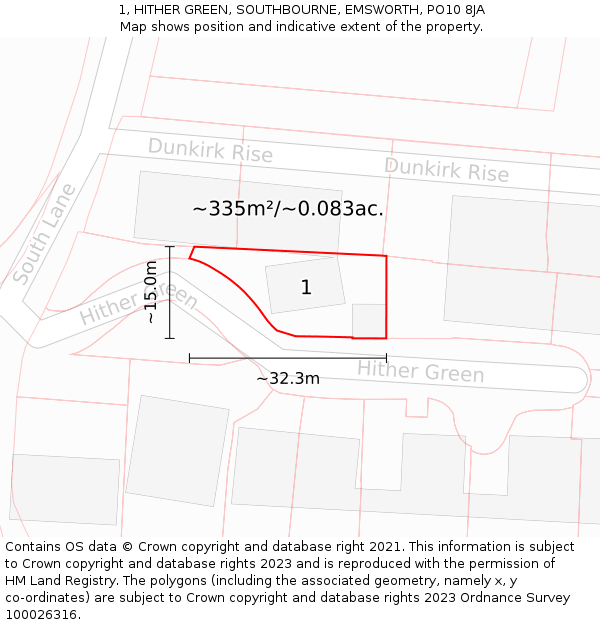 1, HITHER GREEN, SOUTHBOURNE, EMSWORTH, PO10 8JA: Plot and title map