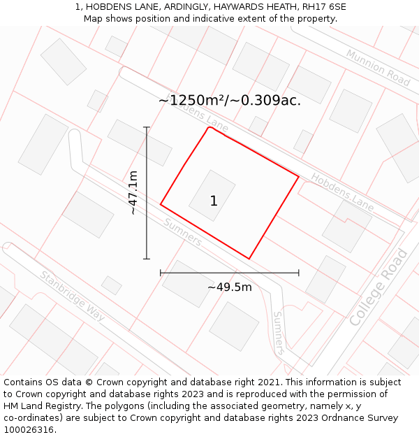 1, HOBDENS LANE, ARDINGLY, HAYWARDS HEATH, RH17 6SE: Plot and title map