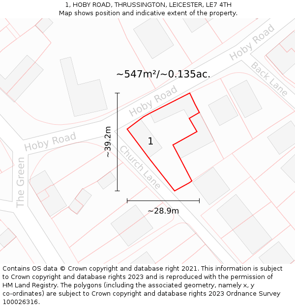 1, HOBY ROAD, THRUSSINGTON, LEICESTER, LE7 4TH: Plot and title map