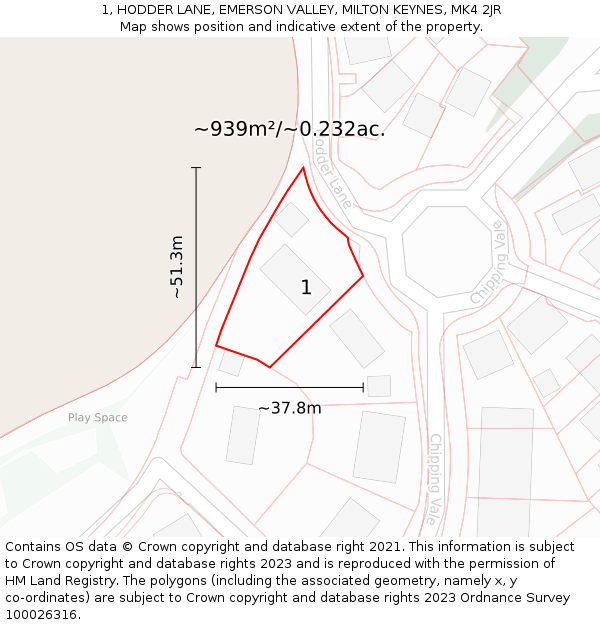 1, HODDER LANE, EMERSON VALLEY, MILTON KEYNES, MK4 2JR: Plot and title map