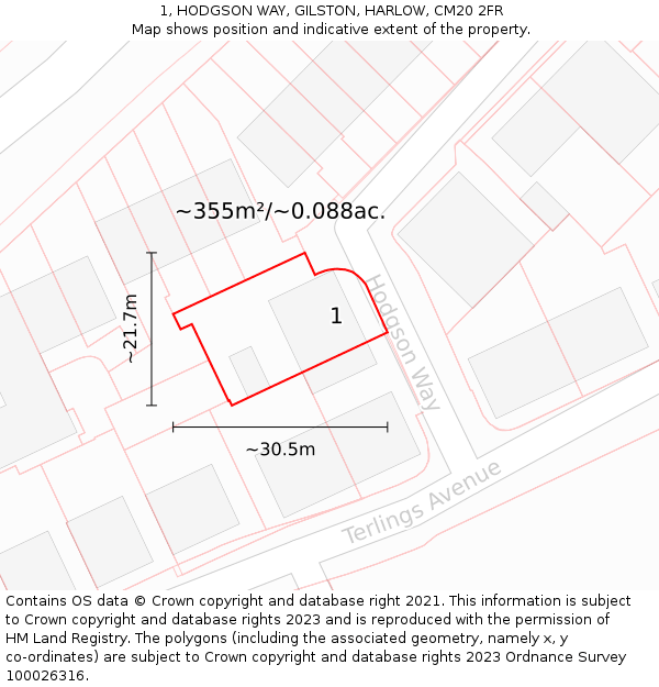 1, HODGSON WAY, GILSTON, HARLOW, CM20 2FR: Plot and title map