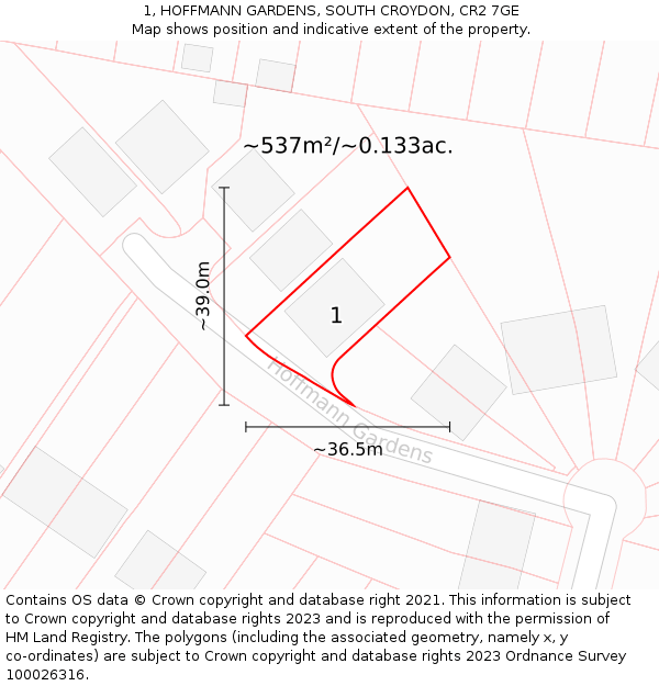 1, HOFFMANN GARDENS, SOUTH CROYDON, CR2 7GE: Plot and title map