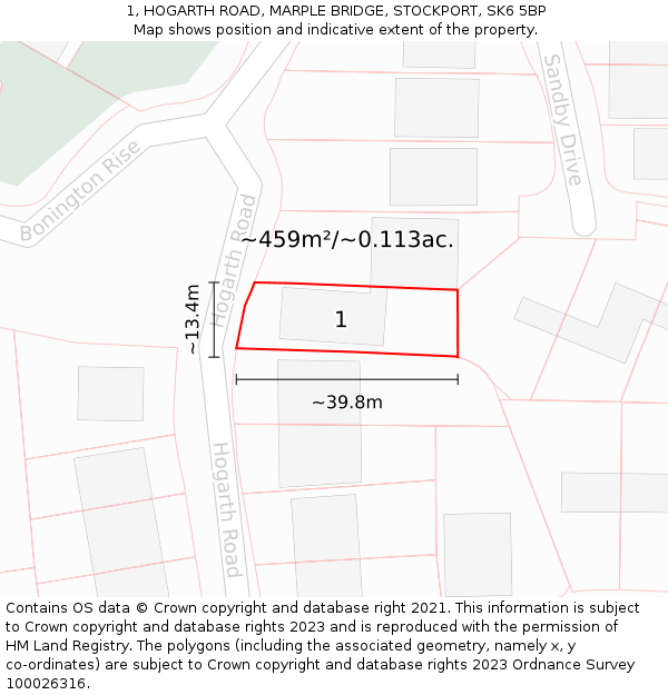 1, HOGARTH ROAD, MARPLE BRIDGE, STOCKPORT, SK6 5BP: Plot and title map