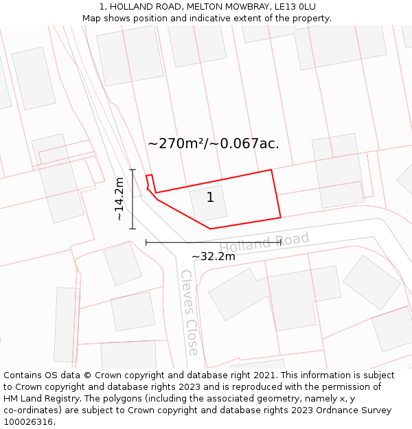 1, HOLLAND ROAD, MELTON MOWBRAY, LE13 0LU: Plot and title map