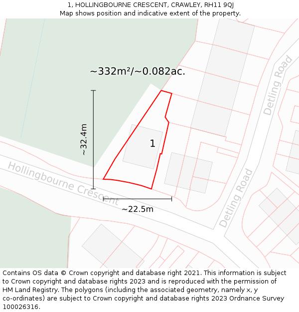 1, HOLLINGBOURNE CRESCENT, CRAWLEY, RH11 9QJ: Plot and title map