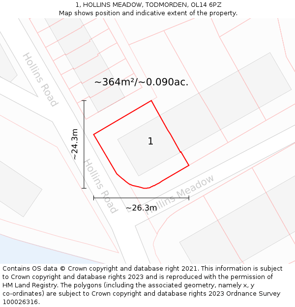 1, HOLLINS MEADOW, TODMORDEN, OL14 6PZ: Plot and title map