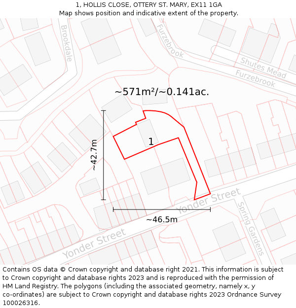 1, HOLLIS CLOSE, OTTERY ST. MARY, EX11 1GA: Plot and title map