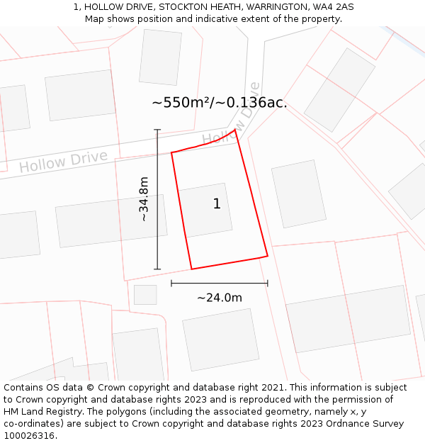 1, HOLLOW DRIVE, STOCKTON HEATH, WARRINGTON, WA4 2AS: Plot and title map