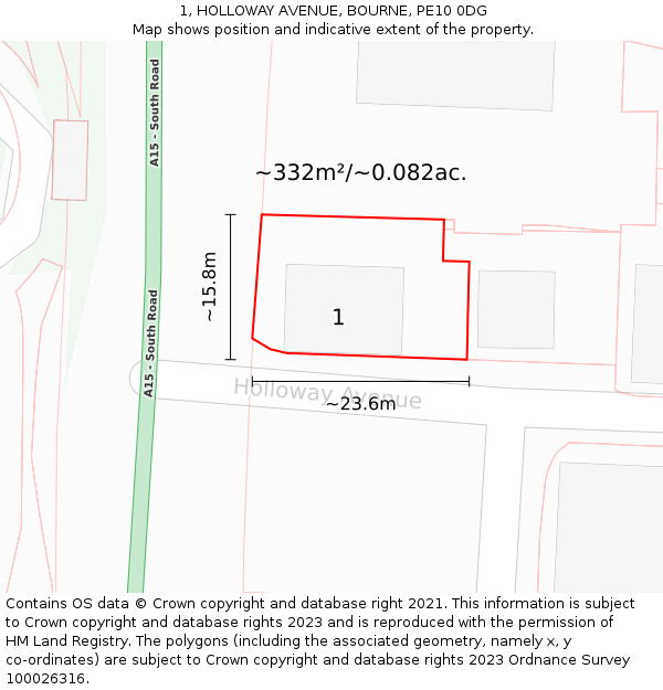 1, HOLLOWAY AVENUE, BOURNE, PE10 0DG: Plot and title map