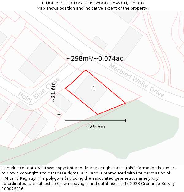 1, HOLLY BLUE CLOSE, PINEWOOD, IPSWICH, IP8 3TD: Plot and title map