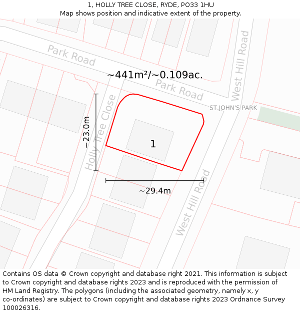 1, HOLLY TREE CLOSE, RYDE, PO33 1HU: Plot and title map