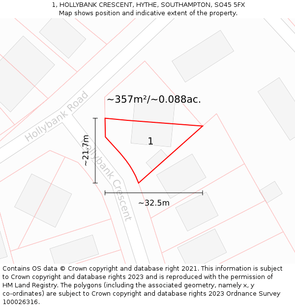 1, HOLLYBANK CRESCENT, HYTHE, SOUTHAMPTON, SO45 5FX: Plot and title map