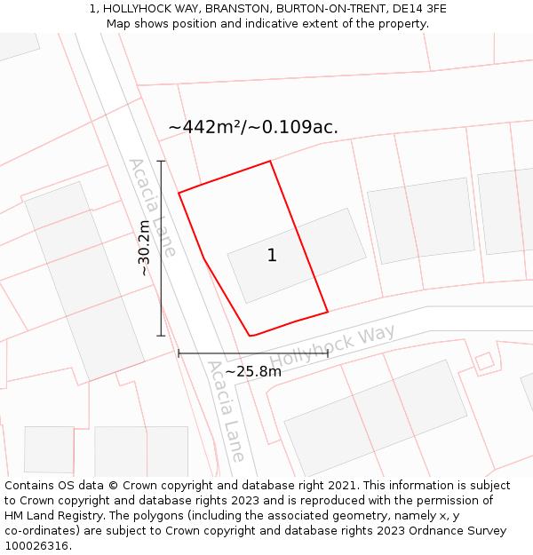 1, HOLLYHOCK WAY, BRANSTON, BURTON-ON-TRENT, DE14 3FE: Plot and title map