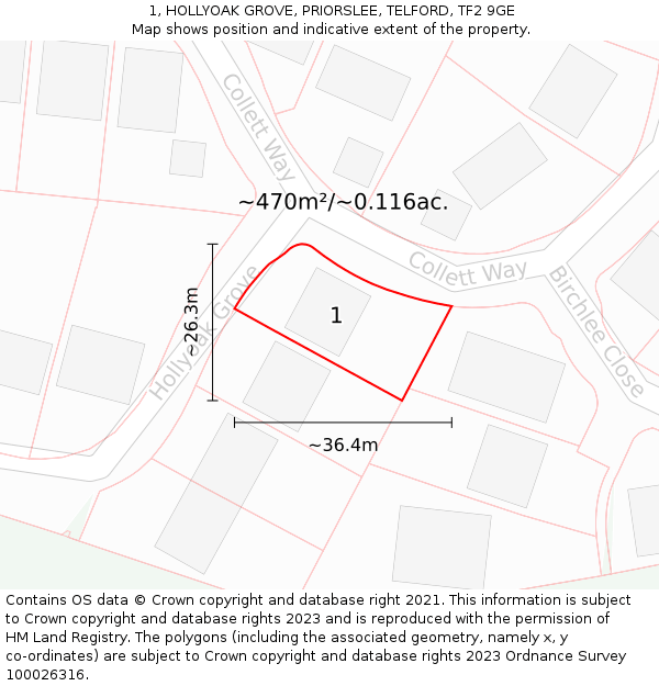 1, HOLLYOAK GROVE, PRIORSLEE, TELFORD, TF2 9GE: Plot and title map