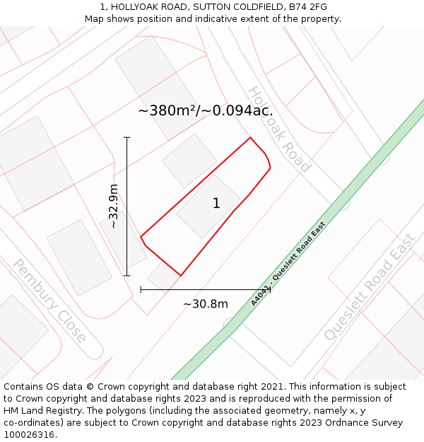 1, HOLLYOAK ROAD, SUTTON COLDFIELD, B74 2FG: Plot and title map