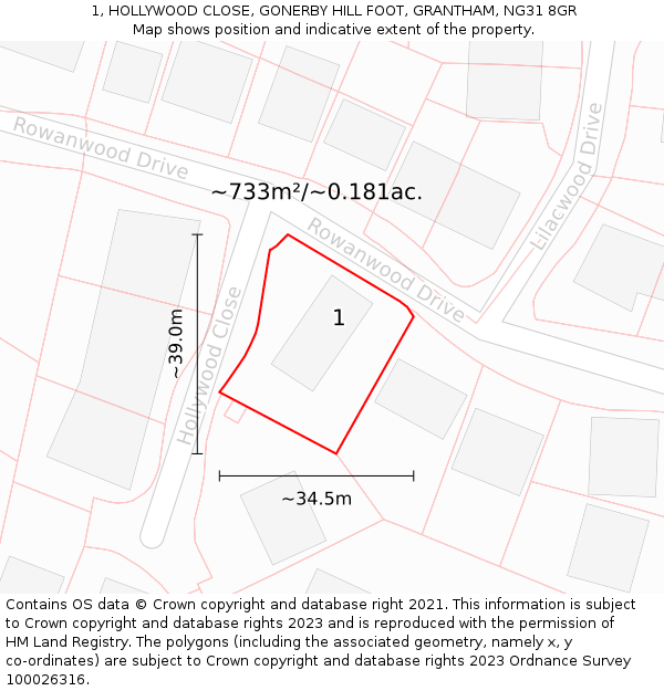 1, HOLLYWOOD CLOSE, GONERBY HILL FOOT, GRANTHAM, NG31 8GR: Plot and title map