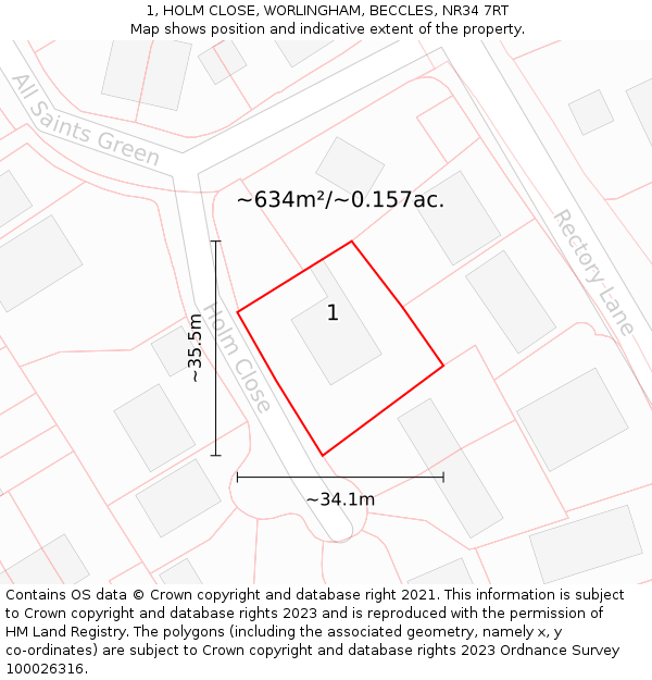 1, HOLM CLOSE, WORLINGHAM, BECCLES, NR34 7RT: Plot and title map