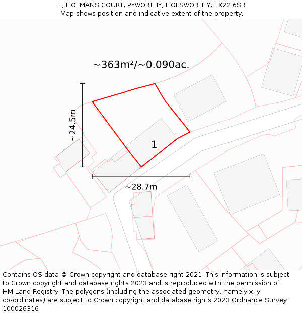 1, HOLMANS COURT, PYWORTHY, HOLSWORTHY, EX22 6SR: Plot and title map