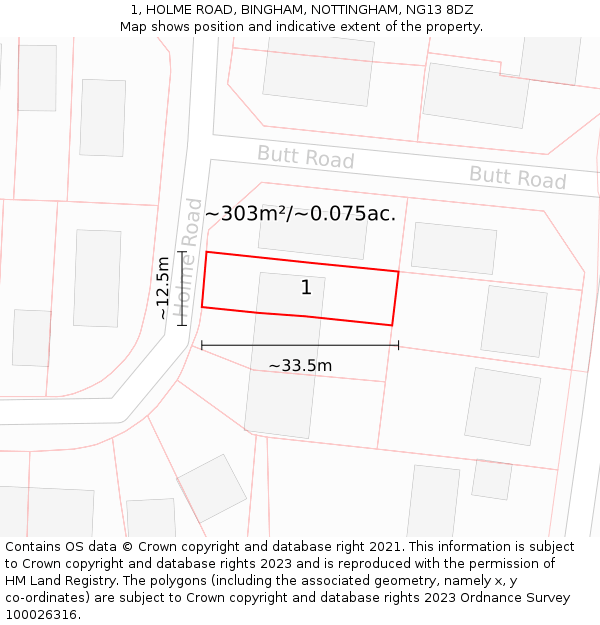 1, HOLME ROAD, BINGHAM, NOTTINGHAM, NG13 8DZ: Plot and title map