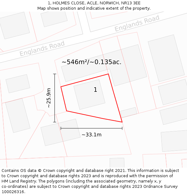 1, HOLMES CLOSE, ACLE, NORWICH, NR13 3EE: Plot and title map