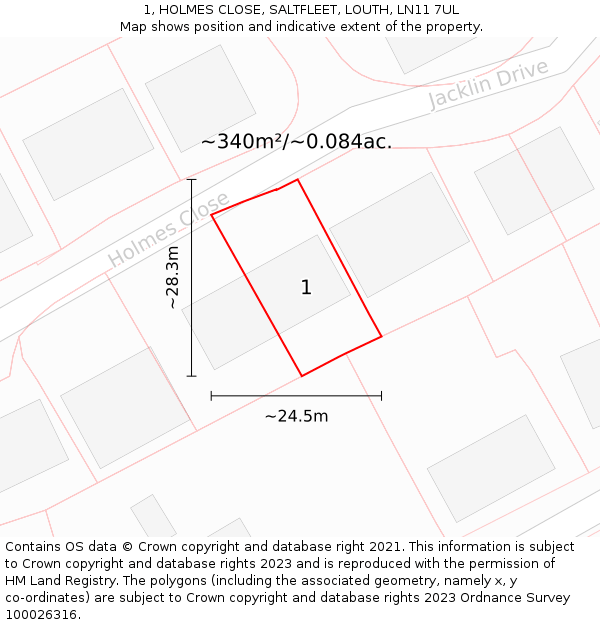 1, HOLMES CLOSE, SALTFLEET, LOUTH, LN11 7UL: Plot and title map