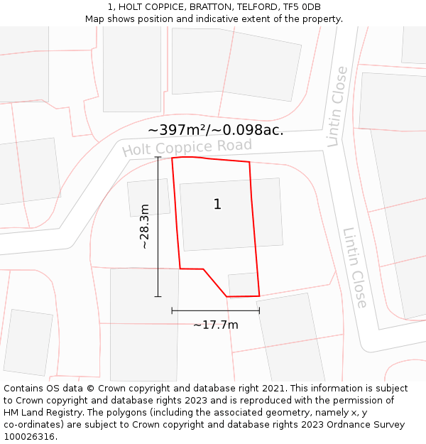 1, HOLT COPPICE, BRATTON, TELFORD, TF5 0DB: Plot and title map