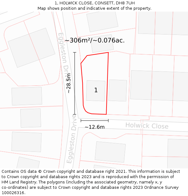 1, HOLWICK CLOSE, CONSETT, DH8 7UH: Plot and title map