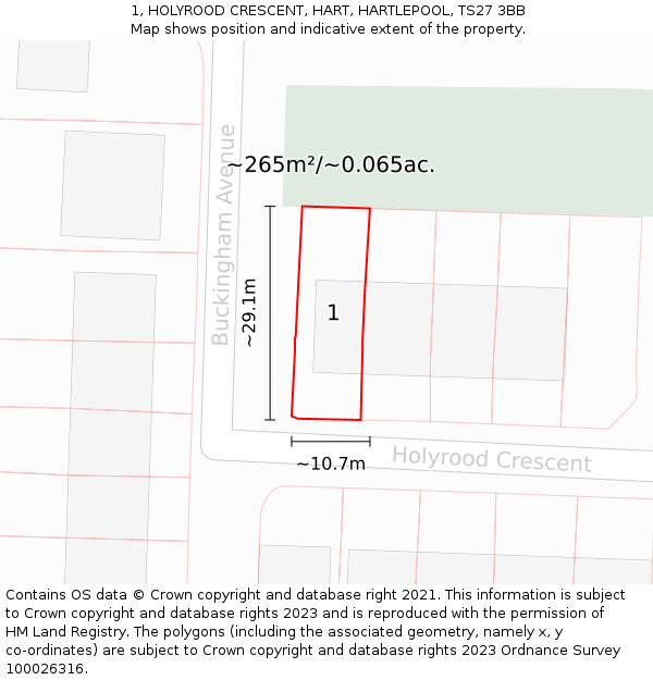 1, HOLYROOD CRESCENT, HART, HARTLEPOOL, TS27 3BB: Plot and title map