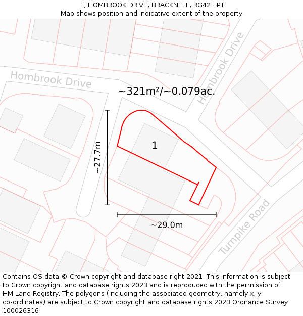 1, HOMBROOK DRIVE, BRACKNELL, RG42 1PT: Plot and title map