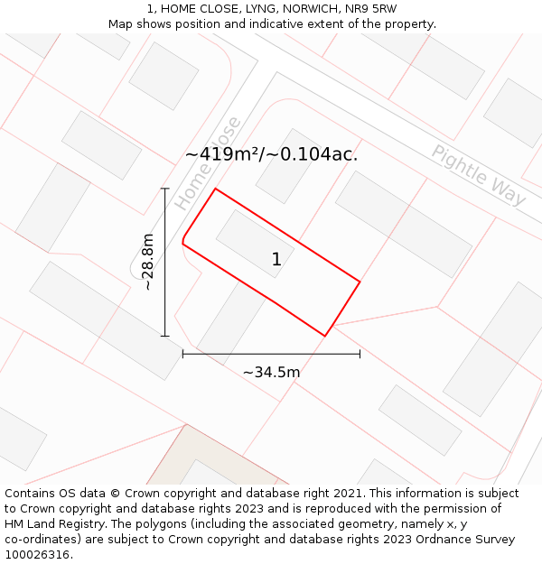 1, HOME CLOSE, LYNG, NORWICH, NR9 5RW: Plot and title map