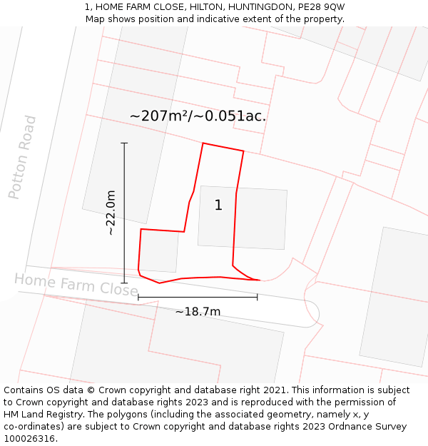 1, HOME FARM CLOSE, HILTON, HUNTINGDON, PE28 9QW: Plot and title map