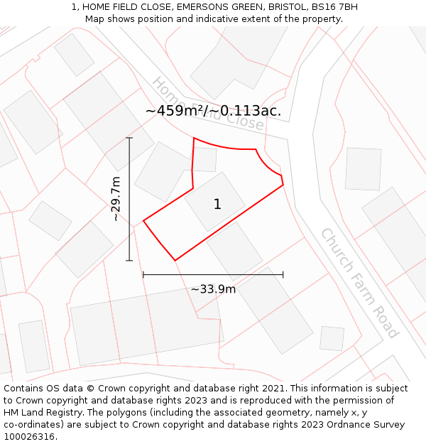 1, HOME FIELD CLOSE, EMERSONS GREEN, BRISTOL, BS16 7BH: Plot and title map