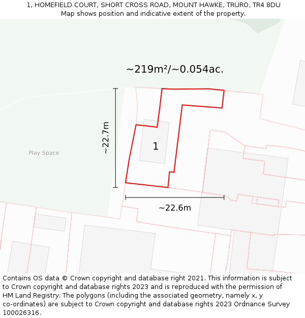 1, HOMEFIELD COURT, SHORT CROSS ROAD, MOUNT HAWKE, TRURO, TR4 8DU: Plot and title map