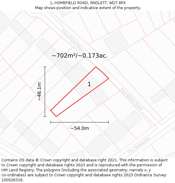 1, HOMEFIELD ROAD, RADLETT, WD7 8PX: Plot and title map