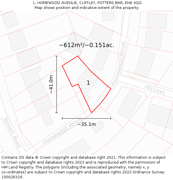 1, HOMEWOOD AVENUE, CUFFLEY, POTTERS BAR, EN6 4QG: Plot and title map