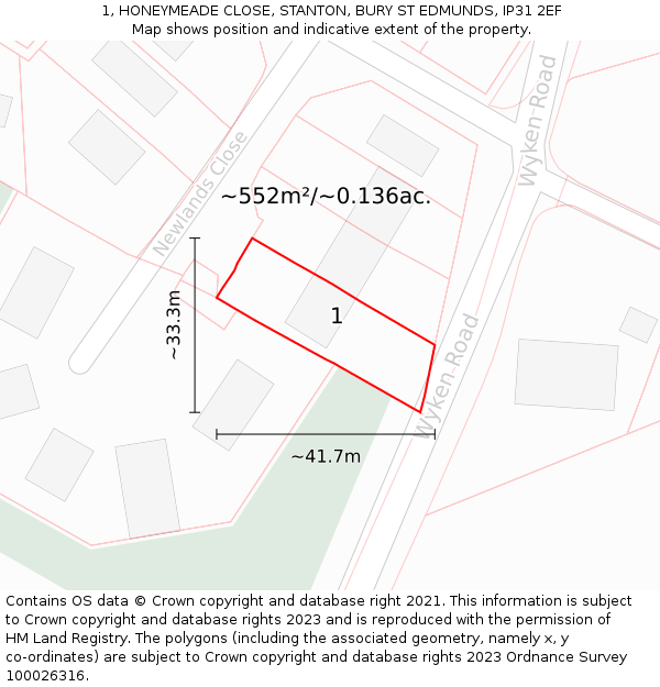 1, HONEYMEADE CLOSE, STANTON, BURY ST EDMUNDS, IP31 2EF: Plot and title map