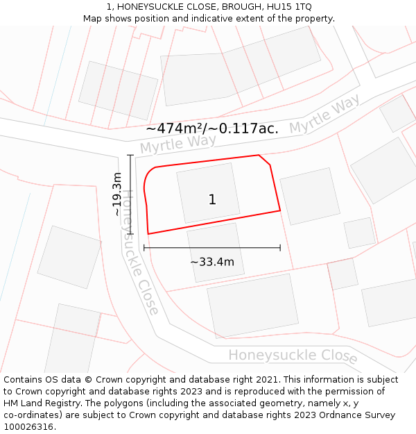 1, HONEYSUCKLE CLOSE, BROUGH, HU15 1TQ: Plot and title map