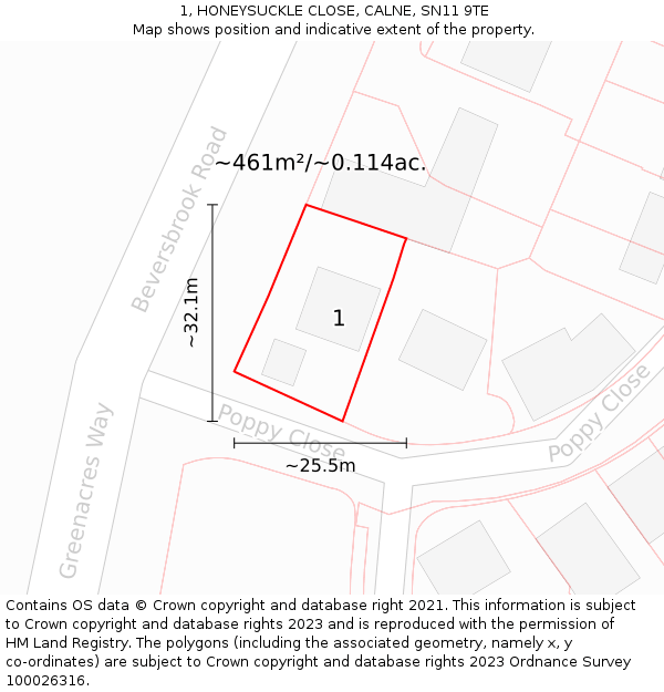 1, HONEYSUCKLE CLOSE, CALNE, SN11 9TE: Plot and title map