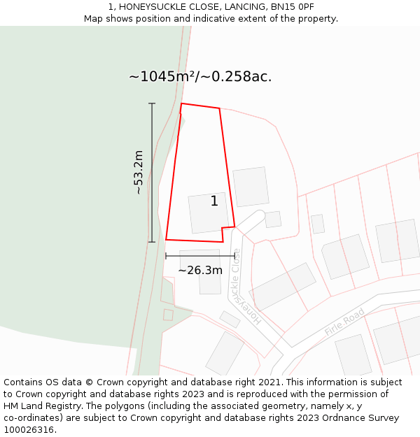 1, HONEYSUCKLE CLOSE, LANCING, BN15 0PF: Plot and title map