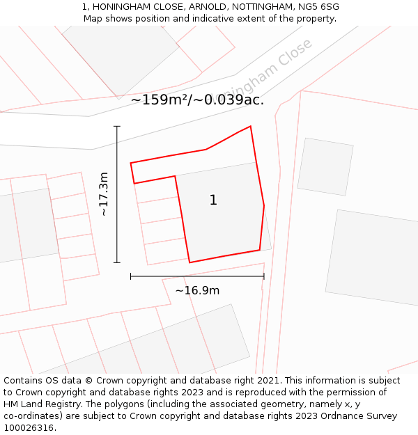 1, HONINGHAM CLOSE, ARNOLD, NOTTINGHAM, NG5 6SG: Plot and title map