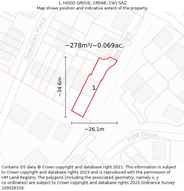 1, HOOD GROVE, CREWE, CW1 5AZ: Plot and title map