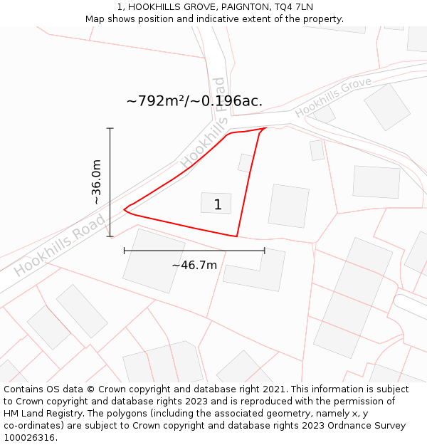 1, HOOKHILLS GROVE, PAIGNTON, TQ4 7LN: Plot and title map